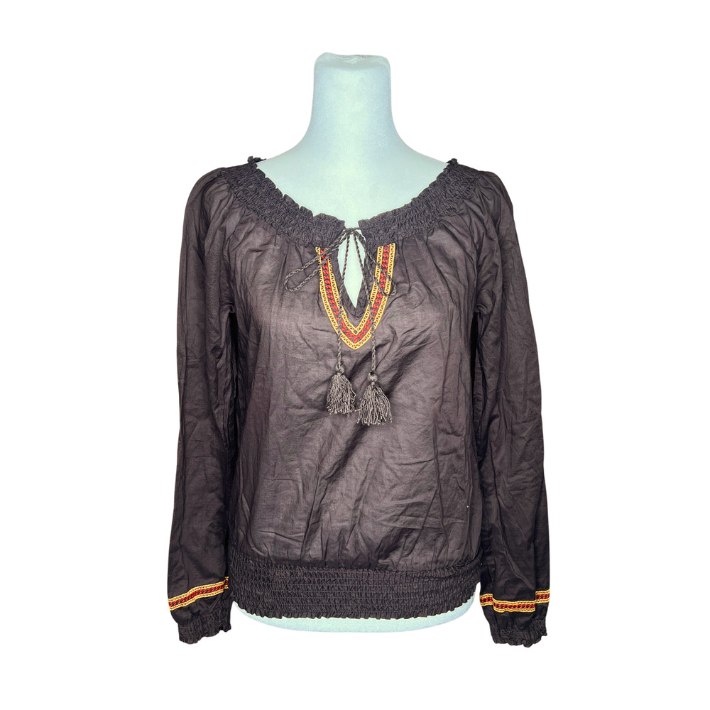 Miley Cyrus x Max Azria Peasant Top M Brown Embroidered Y2K Boho Hippie Prairie